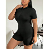 Lucky Life Kadın Kısa Kollu önü Fermuarlı Bodycon Dalgıç Tulum