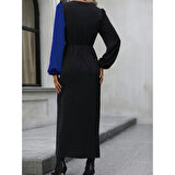 Lucky Life Kadın Uzun Kollu Kruvaze Yakalı Belden çapraz Detaylı çift Renkli Midi Ithal Krep Elbise