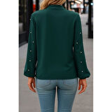 Lucky Life Kadın Uzun Kollu Yakadan Fiyonklu Incili Ithal Krep Bluz