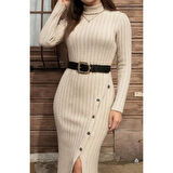 Lucky Life Kadın Uzun Kollu Balıkçı Yaka Yırtmaçlı Düğmeli şardonlu Kaşkorse Elbise