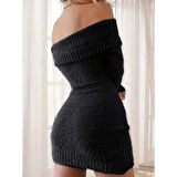 Lucky Life Kadın Uzun Kollu Omuzlardan Açık Kısa şardonlu Triko Elbise