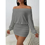 Lucky Life Lucky Life Kadın Uzun Kollu Madonna Yaka Yanlardan Büzgülü şardonlu Kaşkorse Mini Elbise