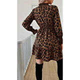 Lucky Life Kadın Uzun Kollu Yarı Balıkçı Yaka Leopar Desenli Modal Mini Elbise