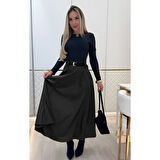 Lucky Life Kadın Yüksek Belli Maxi Deri Kemersiz Etek