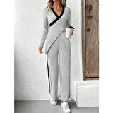 Lucky Life Kadın Uzun Kollu V Yakalı çapraz Detaylı şardonlu Kaşkorse Bluz Ve Pantolon Ikili Takım