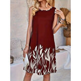 Lucky Life Kadın Askılı Yuvarlak Yakalı Yaprak Desenli Dalgıç Elbise