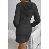 Lucky Life Kadın Uzun Kollu Kapşonlu Cepli Mini Peluş Elbise