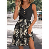 Lucky Life Kadın Askılı Yuvarlak Yaka Düğmeli üst Viskon Alt Desenli Süprem Elbise