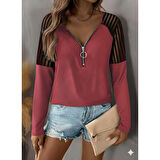 Lucky Life Kadın Uzun Kollu Yakadan Fermuarlı Viskon Bluz