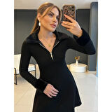 Lucky Life Kadın Uzun Kollu Kürk Yakalı Fermuarlı Kısa Viskon Iki Iplik Elbise