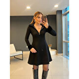 Lucky Life Kadın Uzun Kollu Kürk Yakalı Fermuarlı Kısa Viskon Iki Iplik Elbise