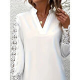 Lucky Life Kadın Uzun Kollu Hakim Yaka Kolları Dantel Detaylı Ithal Krep Bluz