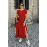 Lucky Life Kadın Kısa Kollu Sırt Dekolteli Yırtmaç Detaylı Viskon Elbise