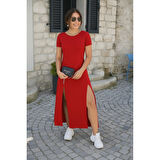 Lucky Life Kadın Kısa Kollu Sırt Dekolteli Yırtmaç Detaylı Viskon Elbise