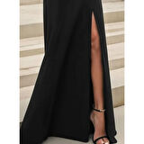 Lucky Life Lucky Life Kadın Uzun Kollu Madonna Yakalı Yırtmaç Detaylı Uzun Ithal Krep Elbise