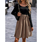 Lucky Life Lucky Life Kadın Uzun Kollu Yuvarlak Yaka üst Viskon Alt Süprem Midi Elbise