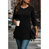 Lucky Life Kadın Uzun Kollu Yuvarlak Yakalı Yanlardan Bağcıklı Triko Bluz