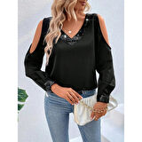 Lucky Life Kadın Uzun Kollu V Yakalı Omuzlardan Açık Sandy Bluz