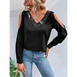 Lucky Life Kadın Uzun Kollu V Yakalı Omuzlardan Açık Sandy Bluz