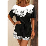 Lucky Life Kadın Tek Omuzu Açık çiçek Desenli Beli Kuşaklı Iki Iplik Mini Short Tulum