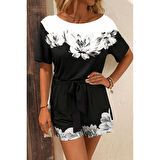 Lucky Life Kadın Tek Omuzu Açık çiçek Desenli Beli Kuşaklı Iki Iplik Mini Short Tulum