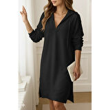 Lucky Life Kadın Uzun Kollu Kapüşonlu Yakası Açık Modal Elbise