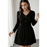 Lucky Life Kadın Uzun Kollu Düğme Detaylı Kendinden Kemerli Ithal Krep Elbise