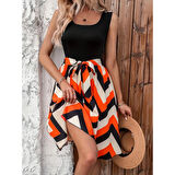 Lucky Life Kadın Askılı Yuvarlak Yakalı Belden Kuşaklı Zikzak Desenli Süprem Elbise