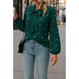 Lucky Life Kadın Uzun Kollu Yakadan Fiyonklu Incili Ithal Krep Bluz