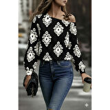 Lucky Life Lucky Life Kadın Askılı Uzun Kollu Omuzlardan Açık Desenli Mosskrep Bluz