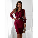 Lucky Life Kadın Uzun Kollu Kruvaze Yakalı Belden Kemerli Mini Ithal Krep Elbise