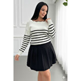 Lucky Life Kadın Beyaz Sırt Bağlama Detaylı çizgi Desen Triko Bluz