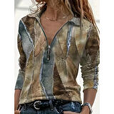 Lucky Life Kadın Uzun Kollu önden Fermuarlı Iki Iplik Bluz