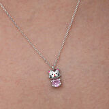 Gümüş Pembe Taşlı Sevimli Kedi Kadın Kolye