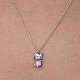 Gümüş Pembe Taşlı Sevimli Kedi Kadın Kolye