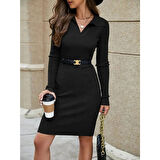 Lucky Life Kadın Uzun Kollu Yakalı Kısa Kaşkorse Elbise (Kemersiz)