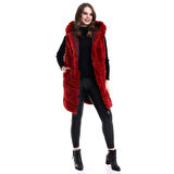 Lucky Life Kapşonlu Peluş Kürk Yelek Premium Kalite, Tam Astarlı, Uzun Model - Kırmızı