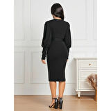 Lucky Life Kadın Uzun Kollu Bisiklet Yaka Beli Kuşaklı Ithal Krep Midi Elbise