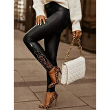 Lucky Life Kadın Yüksek Bel Yandan Yırtmaçlı Dantel Detaylı Deri Tayt