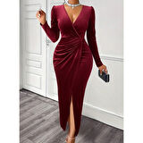 Lucky Life Kadın Uzun Kollu Kruvaze Yaka önünden çapraz Detaylı Uzun Kadife Elbise