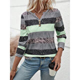 Lucky Life Kadın Uzun Kollu Yakadan Düğmeli çizgili Desenli Süprem Bluz