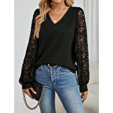 Lucky Life Kadın Uzun Kollu V Yakalı Dantelli Viskon Iki Iplik Bluz