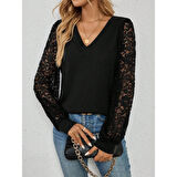 Lucky Life Kadın Uzun Kollu V Yakalı Dantelli Viskon Iki Iplik Bluz