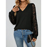 Lucky Life Kadın Uzun Kollu V Yakalı Dantelli Viskon Iki Iplik Bluz