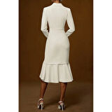 Lucky Life Kadın Uzun Kollu Yakalı Belden Oturtmalı Midi Ithal Krep Elbise