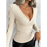 Lucky Life Kadın Uzun Kollu Kruvaze Yakalı Incili şardonlu Kaşkorse Bluz