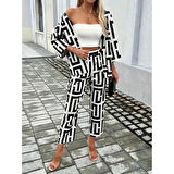 Lucky Life Kadın Uzun Kollu önü Açık Desenli Iki Iplik Ceket Ve Pantolon Ikili Takım