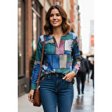 Lucky Life Lucky Life Kadın Uzun Kollu Yakadan Fermuarlı Kot Görünüm Desenli Uzun Modal Bluz