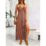 Lucky Life Kadın Ip Askılı Sırttan çapraz Detaylı Yırtmaçlı Desenli Süprem Elbise