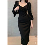 Lucky Life Lucky Life Kadın Uzun Kollu Kalp Yakalı Midi Ithal Krep Elbise